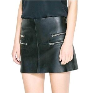 Women Skirt ZARA Black Lambskin Silver Zip Decoration Mini Skirt Leather Skirt